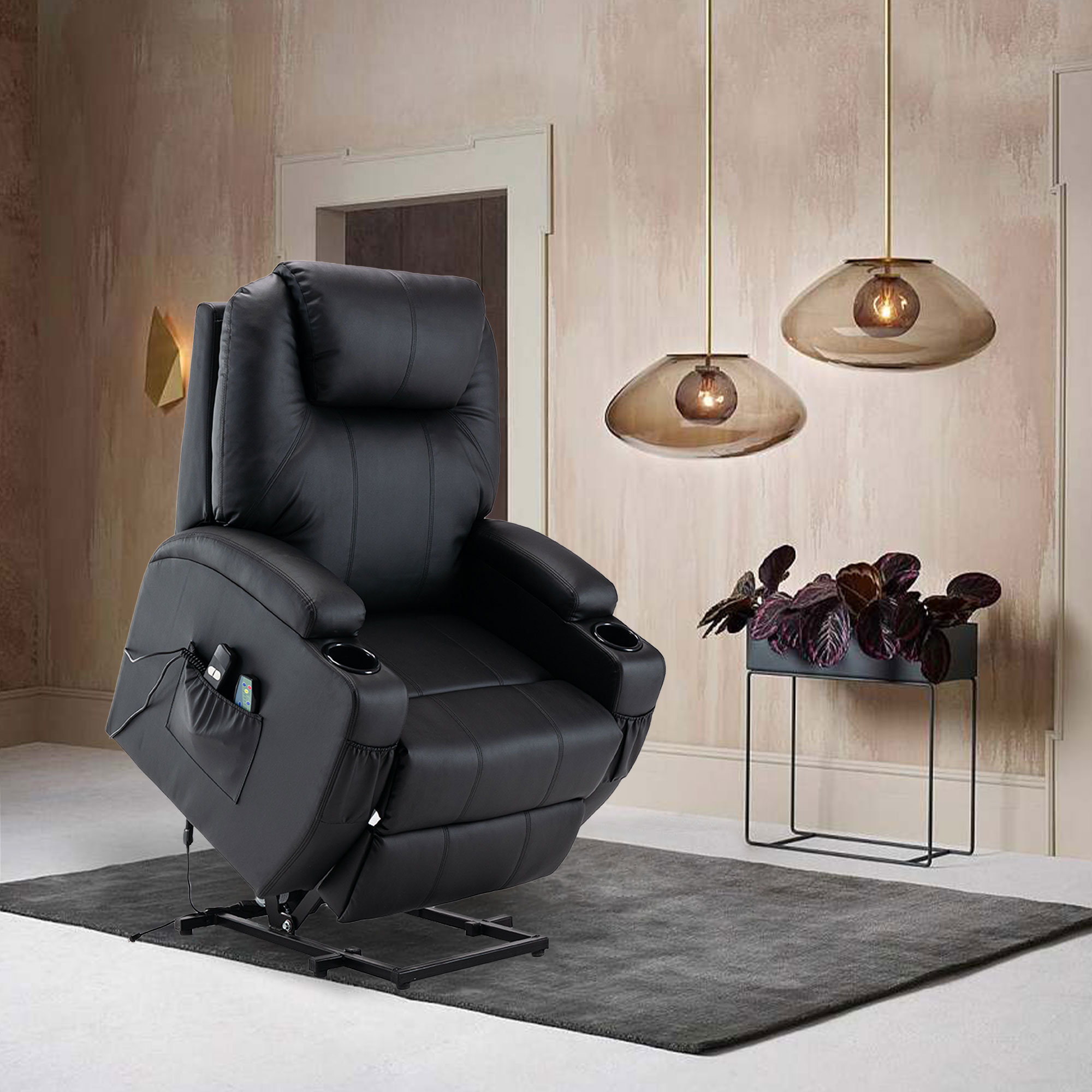 Power Lift Chair Recliner Electric for Elderly with Heating Vibration Massage Remote Control Latitude Run Body Fabric Black Faux Leather